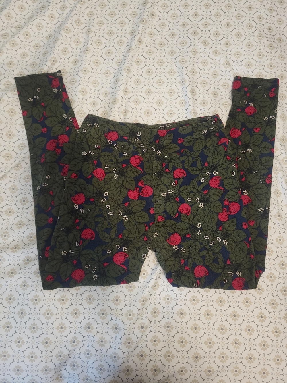 LuLaRoe Olive Green & Red Strawberry Print Leggings